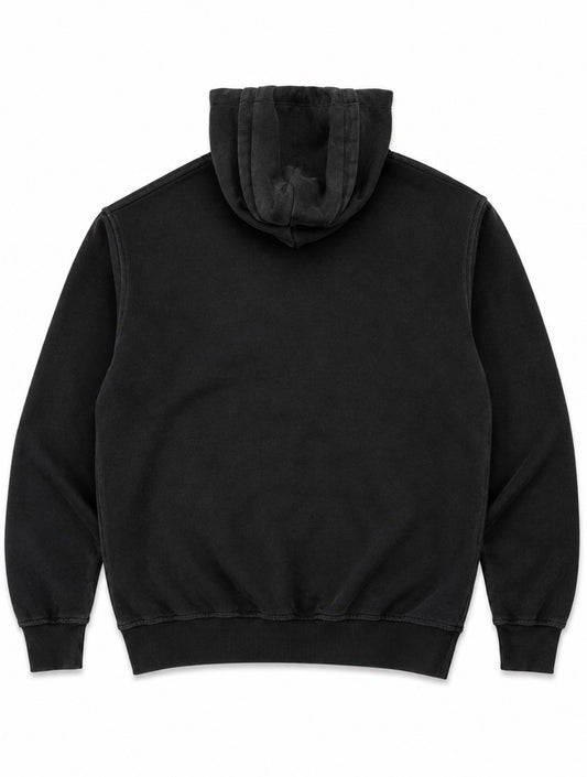 A black hooded sweatshirt shown from the back, featuring a ribbed hem, cuffs, and shoulders, photographed against a plain white background.