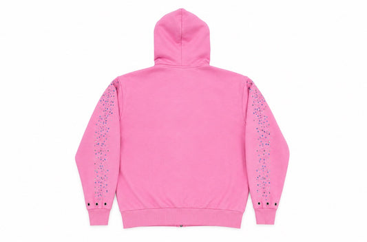 A pink zip-up hoodie shown from the back, featuring decorative vertical lines of blue and purple rhinestones running down both sleeves.