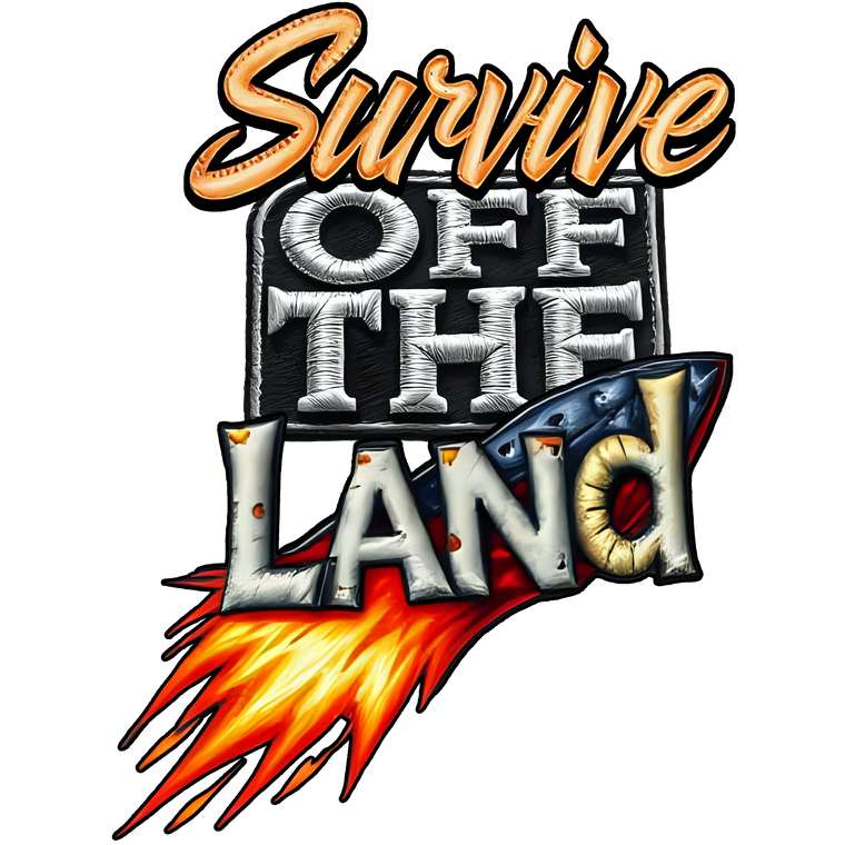 A stylized graphic logo reading 'Survive Off The Land' with orange flame effects and a blue rocket tail, shown on a plain white background.
