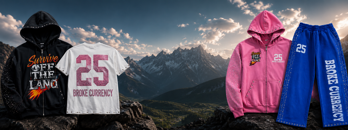 Four athletic apparel items displayed against a dramatic mountain landscape backdrop: a black hoodie with yellow text, a white T-shirt with large pink number 25 and 'BROKE CURRENCY' text, a pink zip-up hoodie with a crest and number 25, and blue sweatpants with the number 25 and 'BROKE CURRENCY' text.