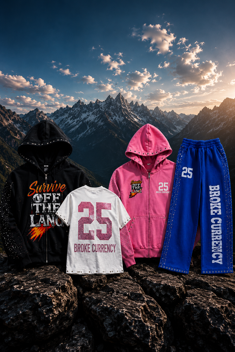 Four athletic apparel pieces displayed together on dark rocks against a dramatic mountain landscape at sunset: a black hoodie with white and orange text, a white T-shirt with large pink number 25 and 'BROKE CURRENCY' text, a pink zip hoodie with '25' on the front, and blue joggers with 'BROKE CURRENCY' text and '25' on the leg.