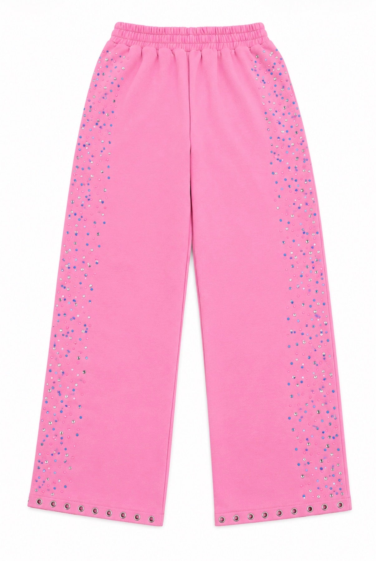 Bright pink wide-leg pants with silver rhinestone embellishments running down the sides and along the hem, shown flat against a white background.