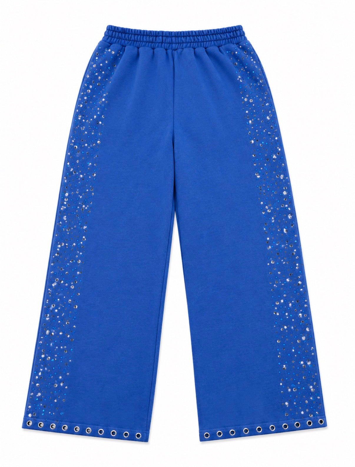 Blue wide-leg sweatpants with silver rhinestone embellishments running down the sides and along the hem, featuring an elastic waistband and decorative eyelets.